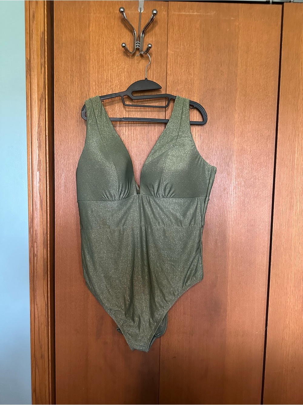 Lane Bryant V-Neck Swimsuit, Moss Green with Shimmer and Molded Cups